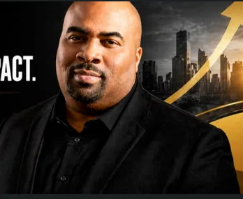 Todd Davis in a black suit in front of a city skyline and an upward arrow.